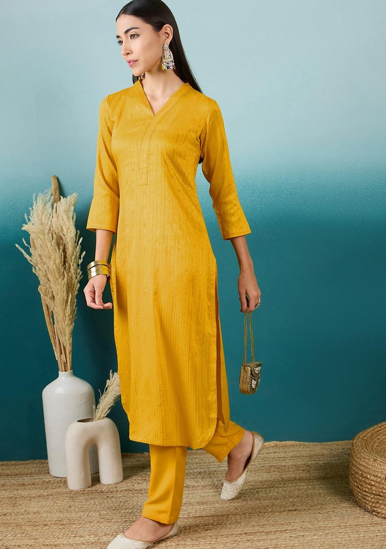 Yellow Embroidered Cotton Blend Salwar Kameez