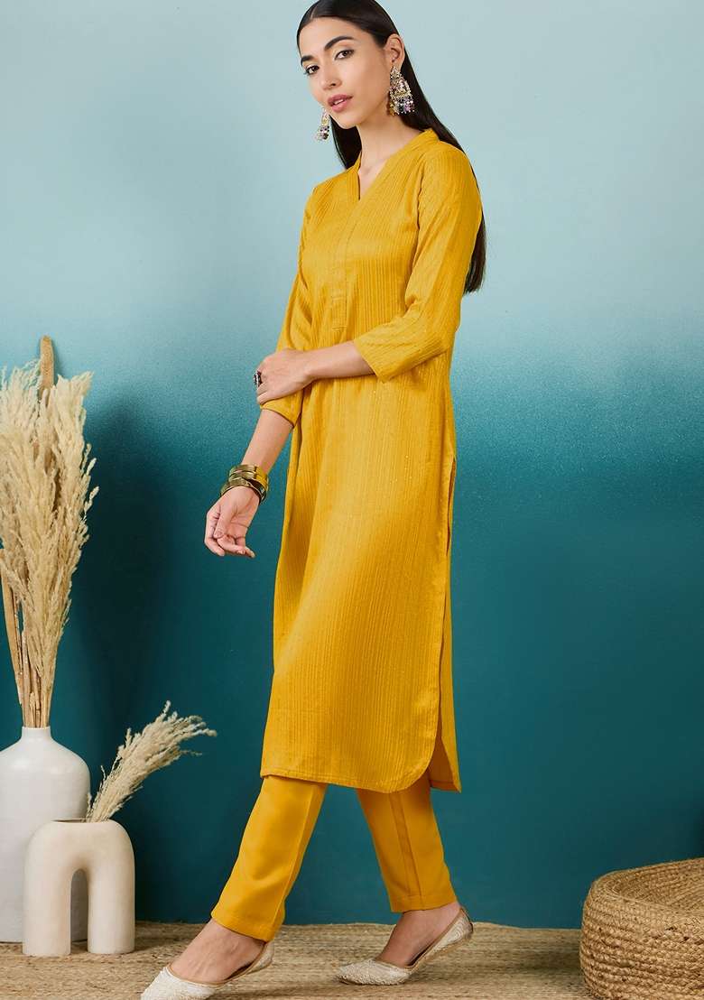 Yellow Solid Cotton Straight Kurta Set - Indya