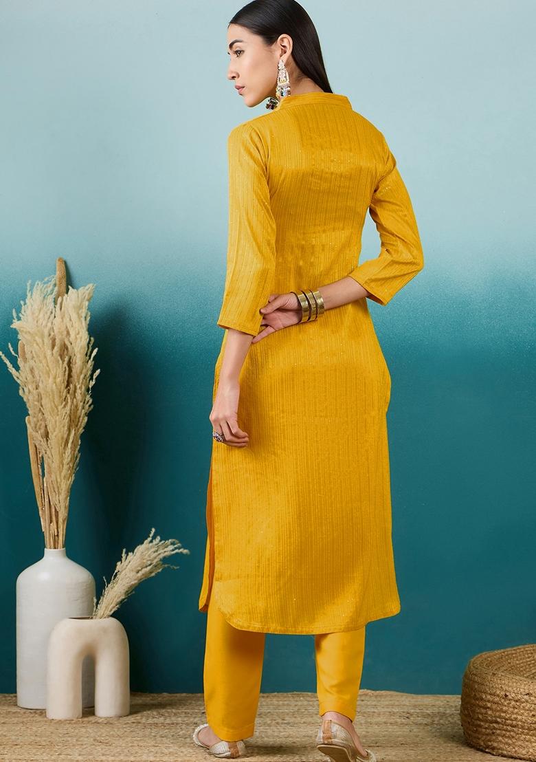 Yellow Embroidered Cotton Blend Salwar Kameez