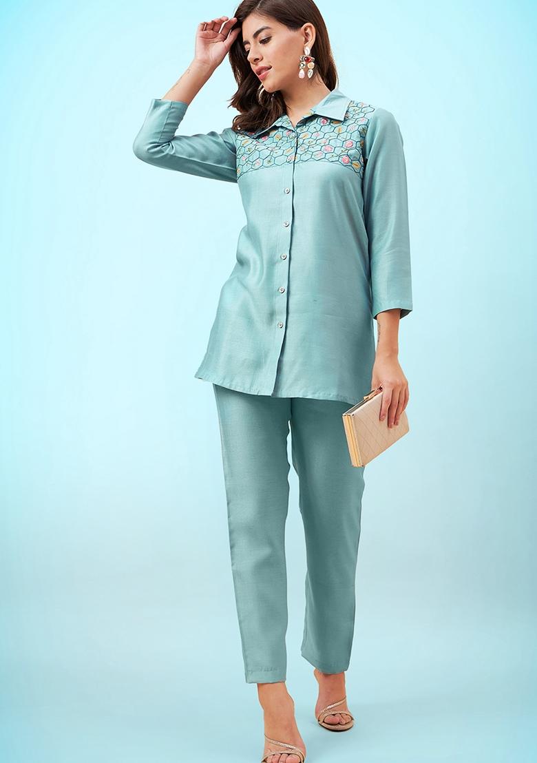 Sky Blue Embroidered Cotton Blend Co Ord Set