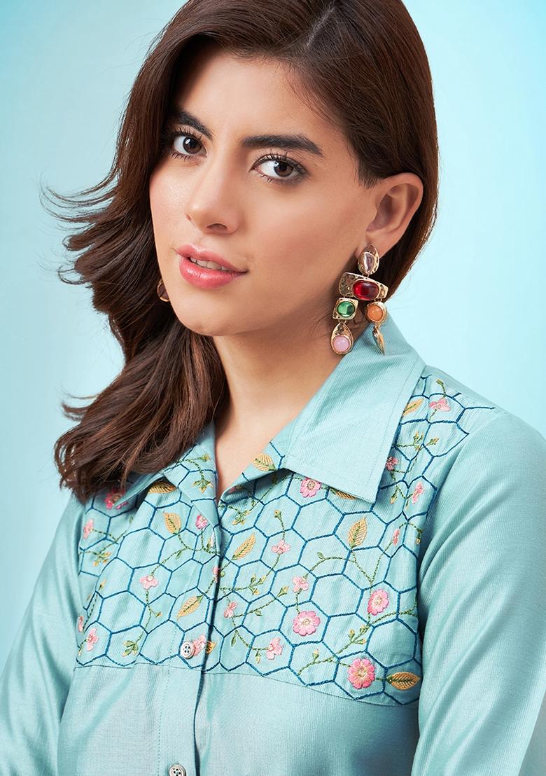 Sky Blue Embroidered Cotton Blend Co Ord Set