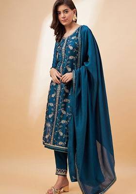 Teal Blue Sequin Embroidered Cotton Blend Salwar Kameez