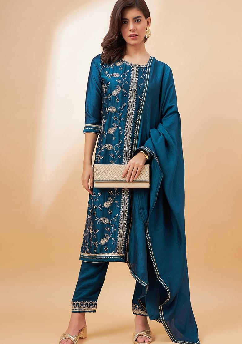 Teal Blue Sequin Embroidered Cotton Blend Salwar Kameez