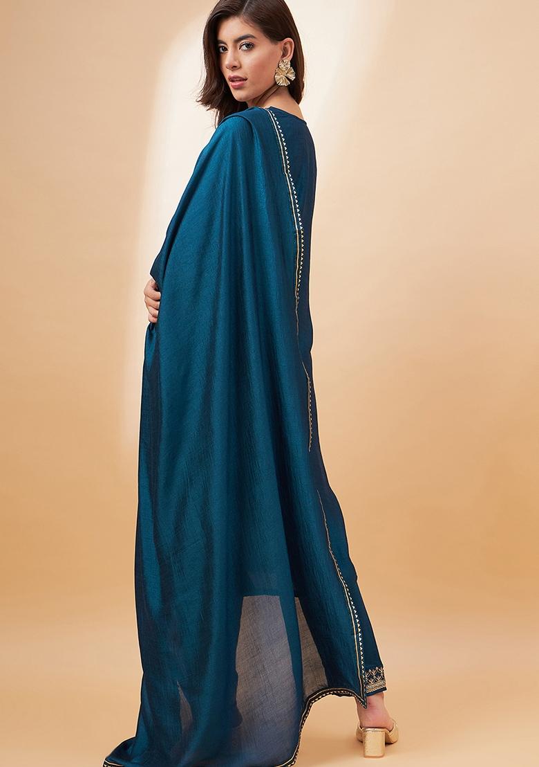 Teal Blue Sequin Embroidered Cotton Blend Salwar Kameez