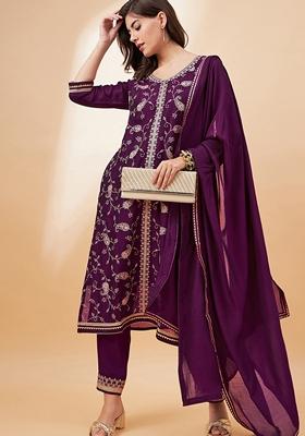 Maroon Sequin Embroidered Cotton Blend Salwar Kameez