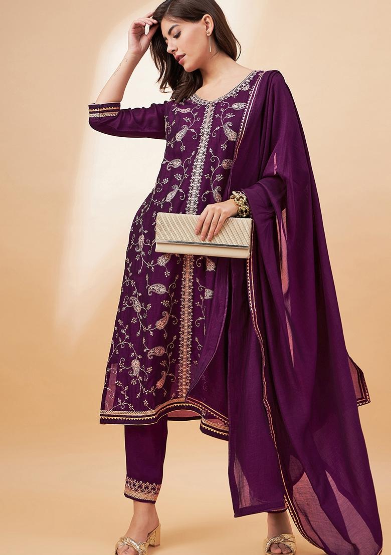 Maroon Sequin Embroidered Cotton Blend Salwar Kameez