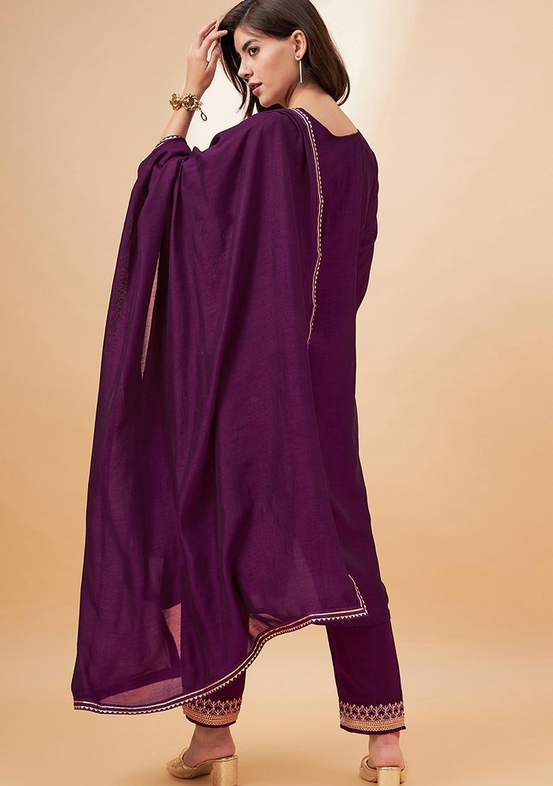 Maroon Sequin Embroidered Cotton Blend Salwar Kameez