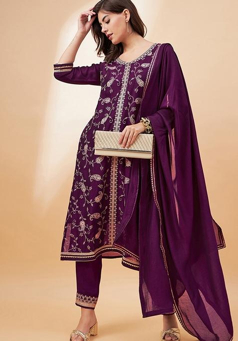 Maroon Sequin Embroidered Cotton Blend Salwar Kameez
