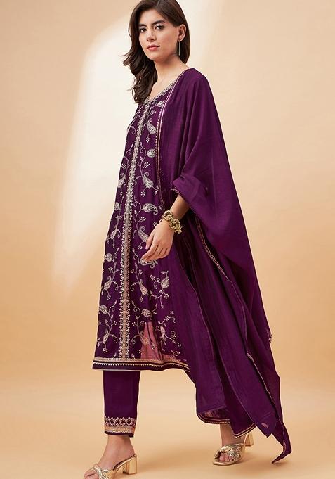 Maroon Sequin Embroidered Cotton Blend Salwar Kameez