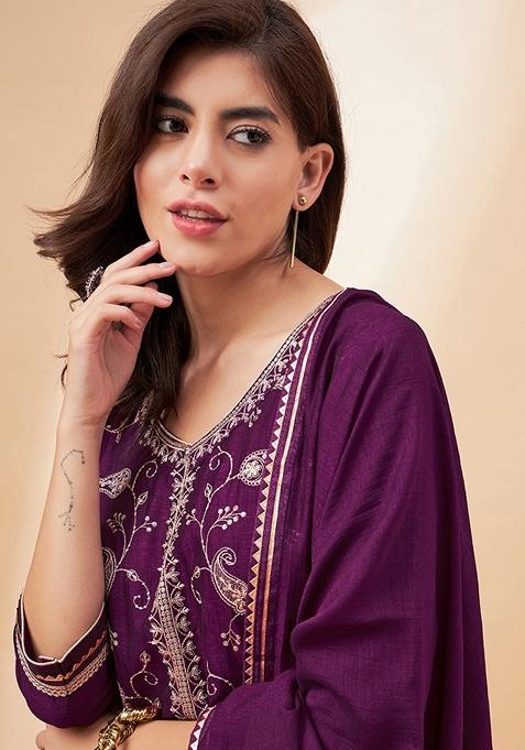 Maroon Sequin Embroidered Cotton Blend Salwar Kameez
