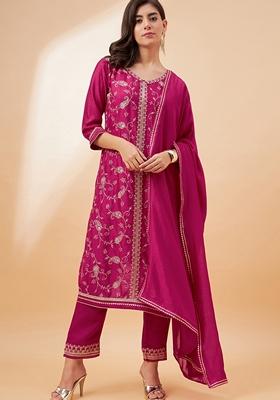 Pink Sequin Embroidered Vichitra Salwar Kameez With Dupatta