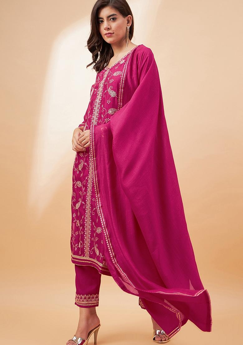 Pink Sequin Embroidered Vichitra Salwar Kameez With Dupatta