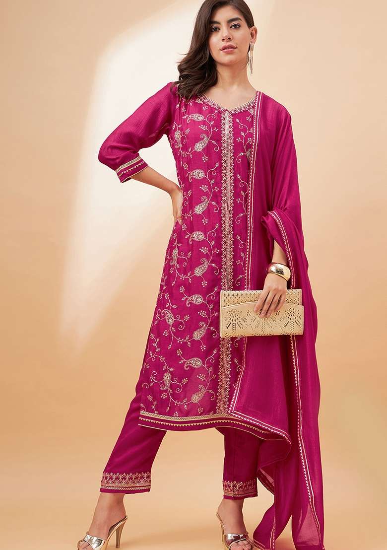 Pink Sequin Embroidered Vichitra Salwar Kameez With Dupatta - Indya