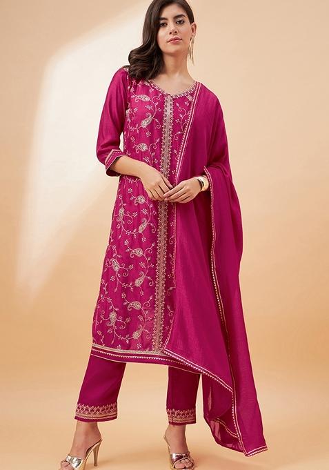 Pink Sequin Embroidered Vichitra Salwar Kameez With Dupatta — view on Indya