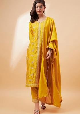 Yellow Sequin Embroidered Vichitra Salwar Kameez With Dupatta
