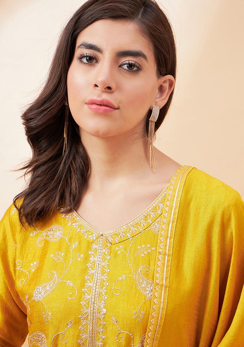 Yellow Sequin Embroidered Vichitra Salwar Kameez With Dupatta