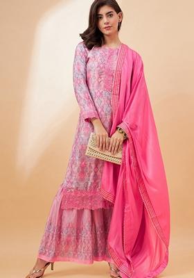 Pink Digital Print Vichitra Salwar Kameez With Dupatta