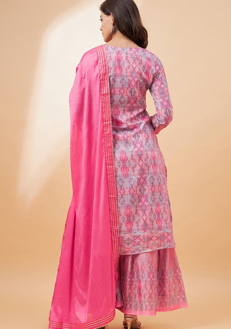 Pink Digital Print Vichitra Salwar Kameez With Dupatta