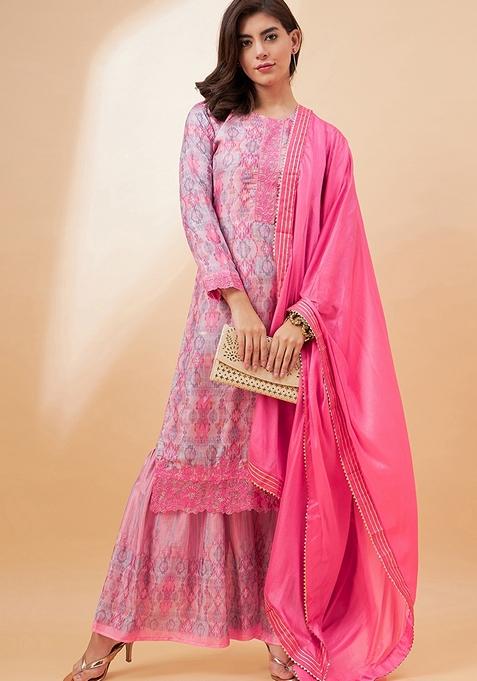 Pink Digital Print Vichitra Salwar Kameez With Dupatta