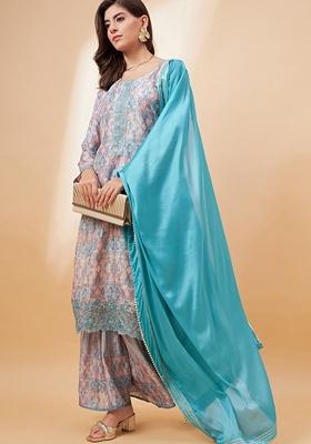 Blue Digital Print Vichitra Salwar Kameez With Dupatta