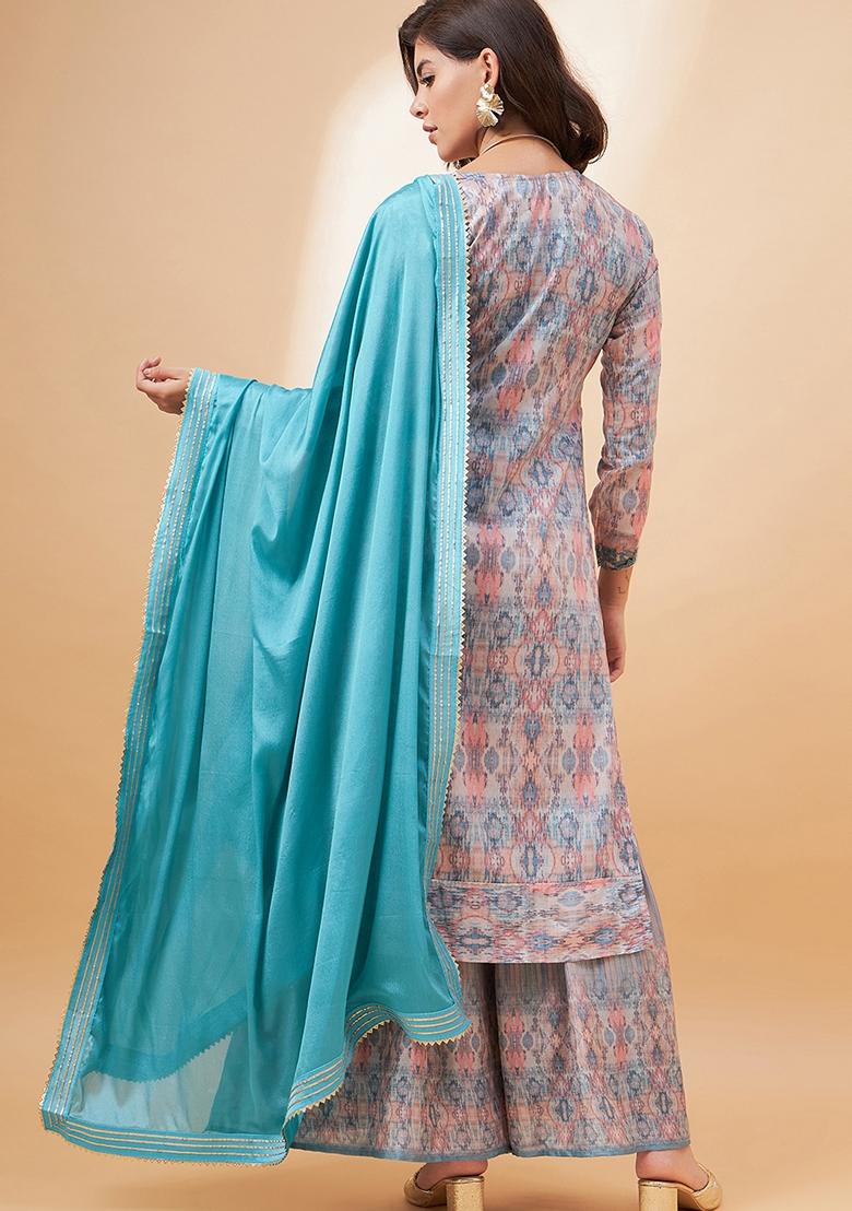 Blue Digital Print Vichitra Salwar Kameez With Dupatta
