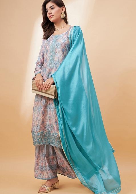 Blue Digital Print Vichitra Salwar Kameez With Dupatta
