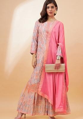 Peach Digital Print Silk Salwar Kameez With Dupatta