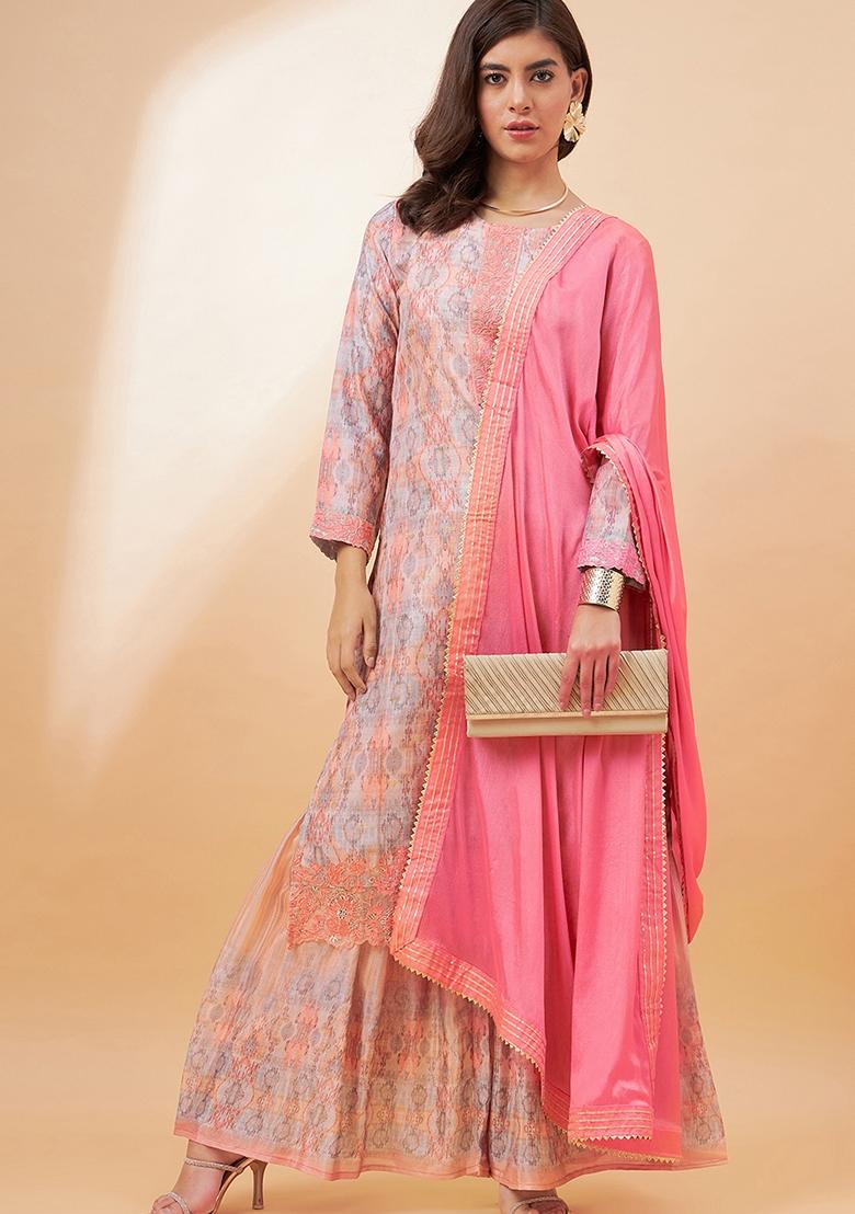 Peach Digital Print Silk Salwar Kameez With Dupatta