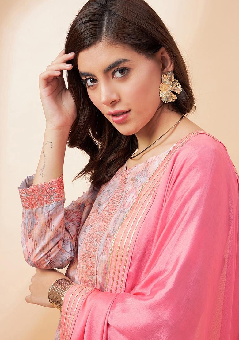 Peach Digital Print Silk Salwar Kameez With Dupatta