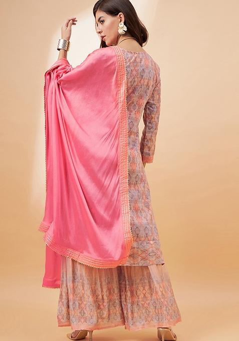 Peach Digital Print Silk Salwar Kameez With Dupatta