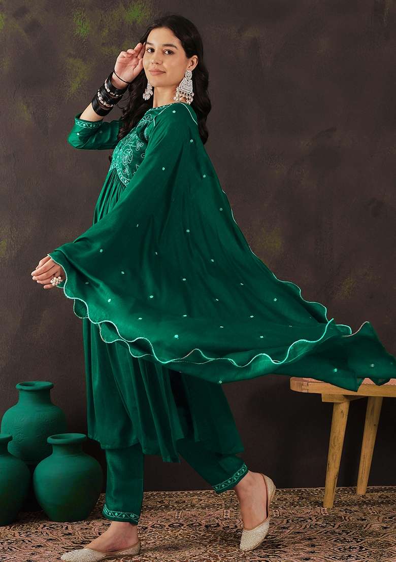 Rama Blue Embroidered Silk A Line Kurta Set - Indya