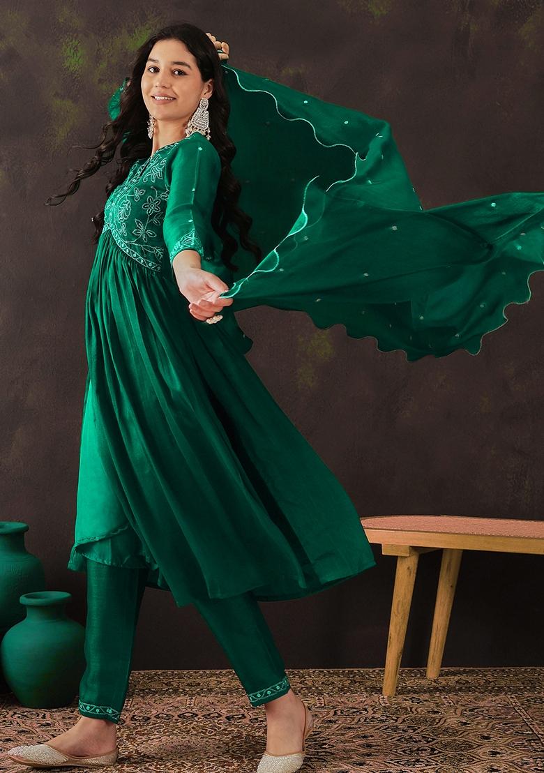 Rama Blue Zari Work Silk Salwar Kameez With Dupatta