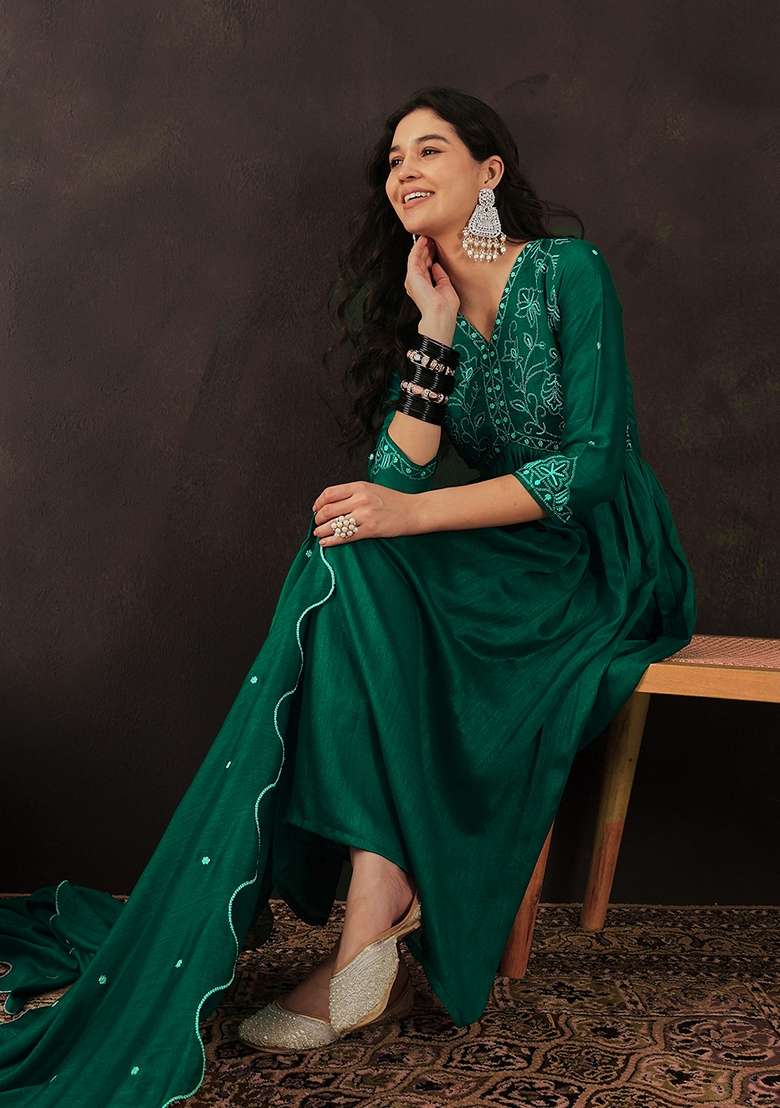 Rama Blue Embroidered Silk A Line Kurta Set - Indya