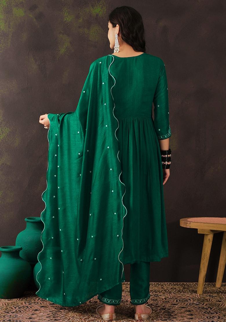 Rama Blue Zari Work Silk Salwar Kameez With Dupatta