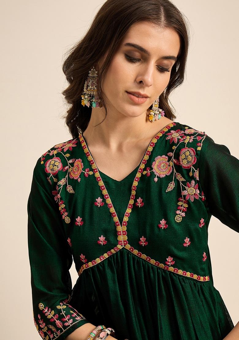 Green Sequin Embroidered Chinon Salwar Kameez