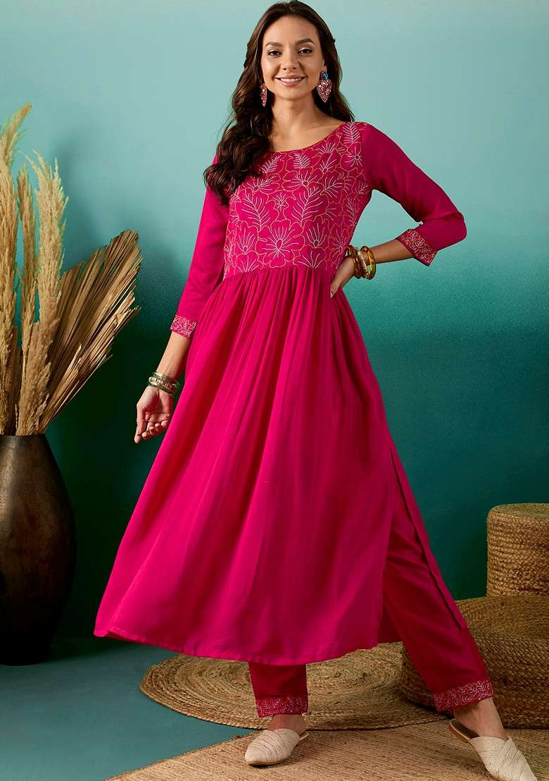 Rani Pink Embroidered Chinon Anarkali Set - Indya