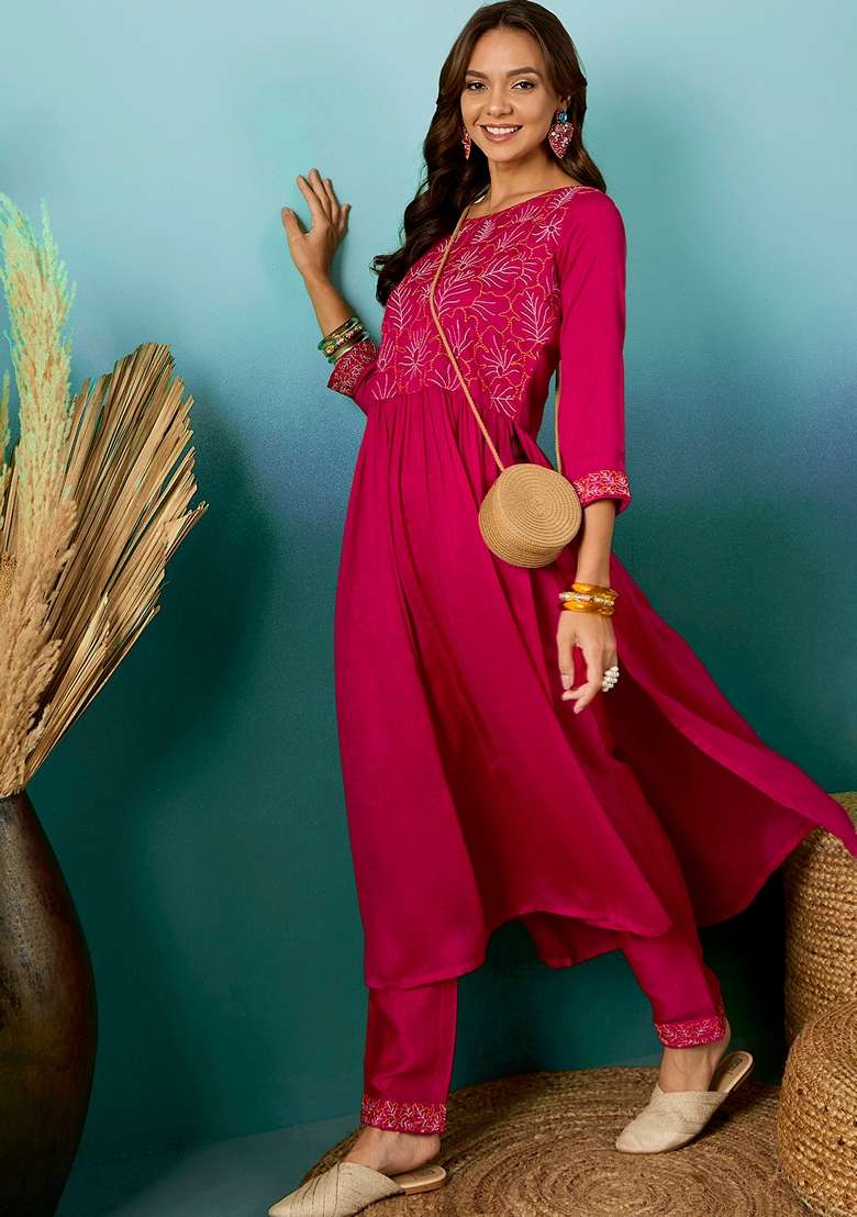 Rani Pink Embroidered Chinon Anarkali Set - Indya