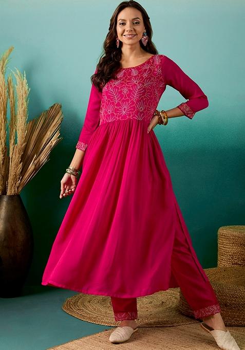 Rani Pink Thread Embridery Chinon Salwar Kameez 