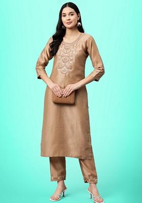 Beige Sequin Embroidered Vichitra Salwar Kameez