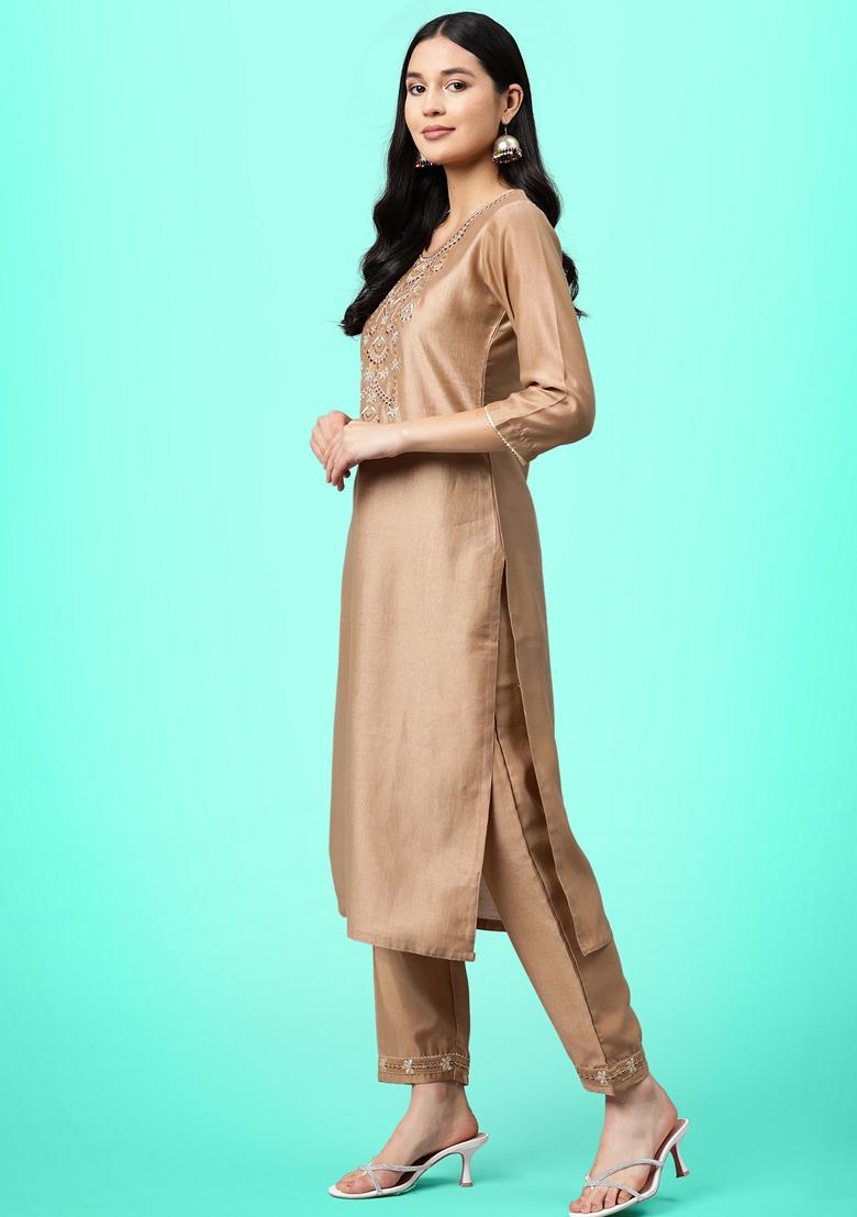 Beige Sequin Embroidered Vichitra Salwar Kameez