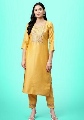 Yellow Sequin Embroidered Vichitra Salwar Kameez