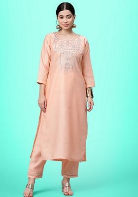 Peach Sequin Embroidered Silk Salwar Kameez