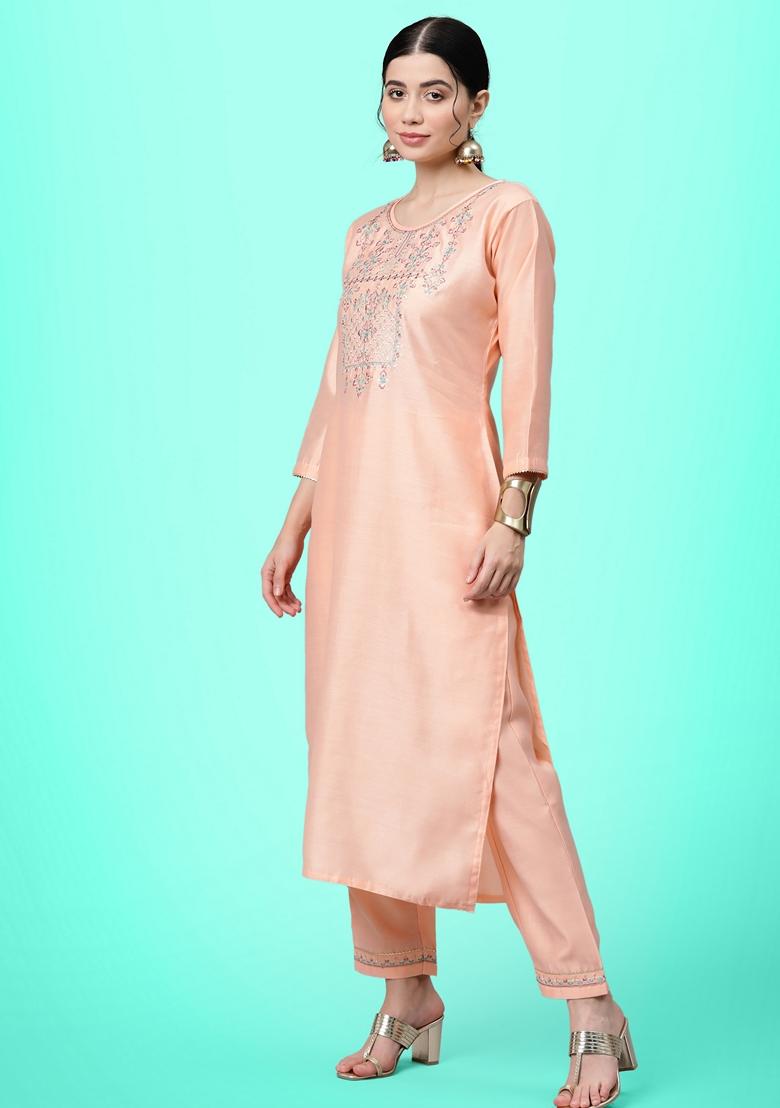 Peach Sequin Embroidered Silk Salwar Kameez