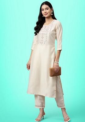 Off White Sequin Embroidered Silk Salwar Kameez