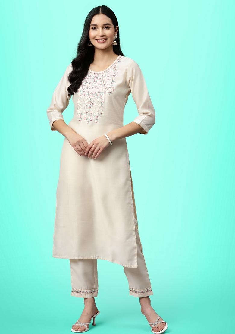 Off White Sequin Embroidered Silk Salwar Kameez