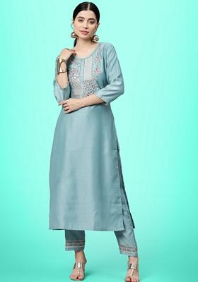 Sky Blue Sequin Embroidered Silk Salwar Kameez