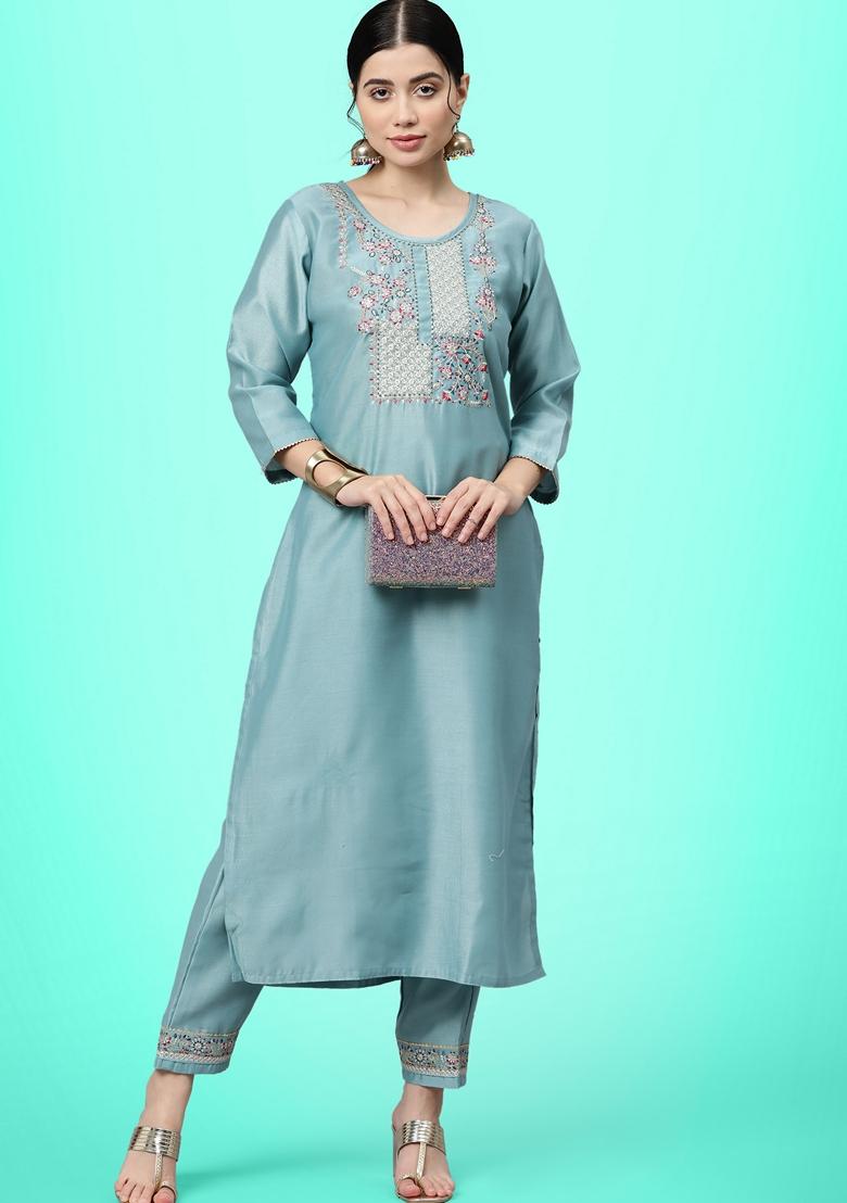 Sky Blue Sequin Embroidered Silk Salwar Kameez