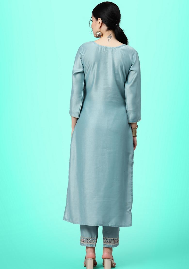 Sky Blue Sequin Embroidered Silk Salwar Kameez