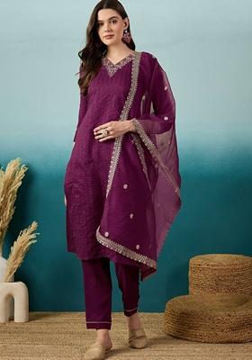 Magenta Sequin Embroidered Chiffon Salwar Kameez With Dupatta
