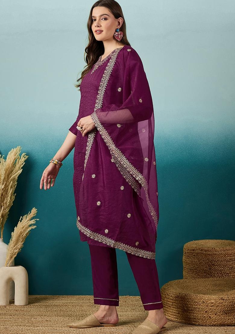 Magenta Sequin Embroidered Chiffon Salwar Kameez With Dupatta